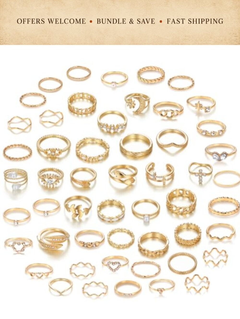 52pc Gold Plated Knuckle Rings Set Stackable Midi Cubic Zirconia Alloy Jewelry